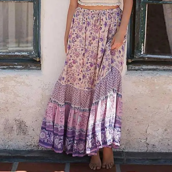 Dresses & Skirts - Boho Lilac Purple Floral Print Stretchy Waist Maxi Skirt